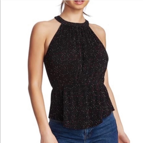 1. State Black Pleated Peplum Tank Dot Print - Picture 2 of 8